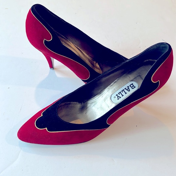 Bally Shoes - New Bally Vintage 80s Red and Black Suede Heel Pumps Size 39/8.5